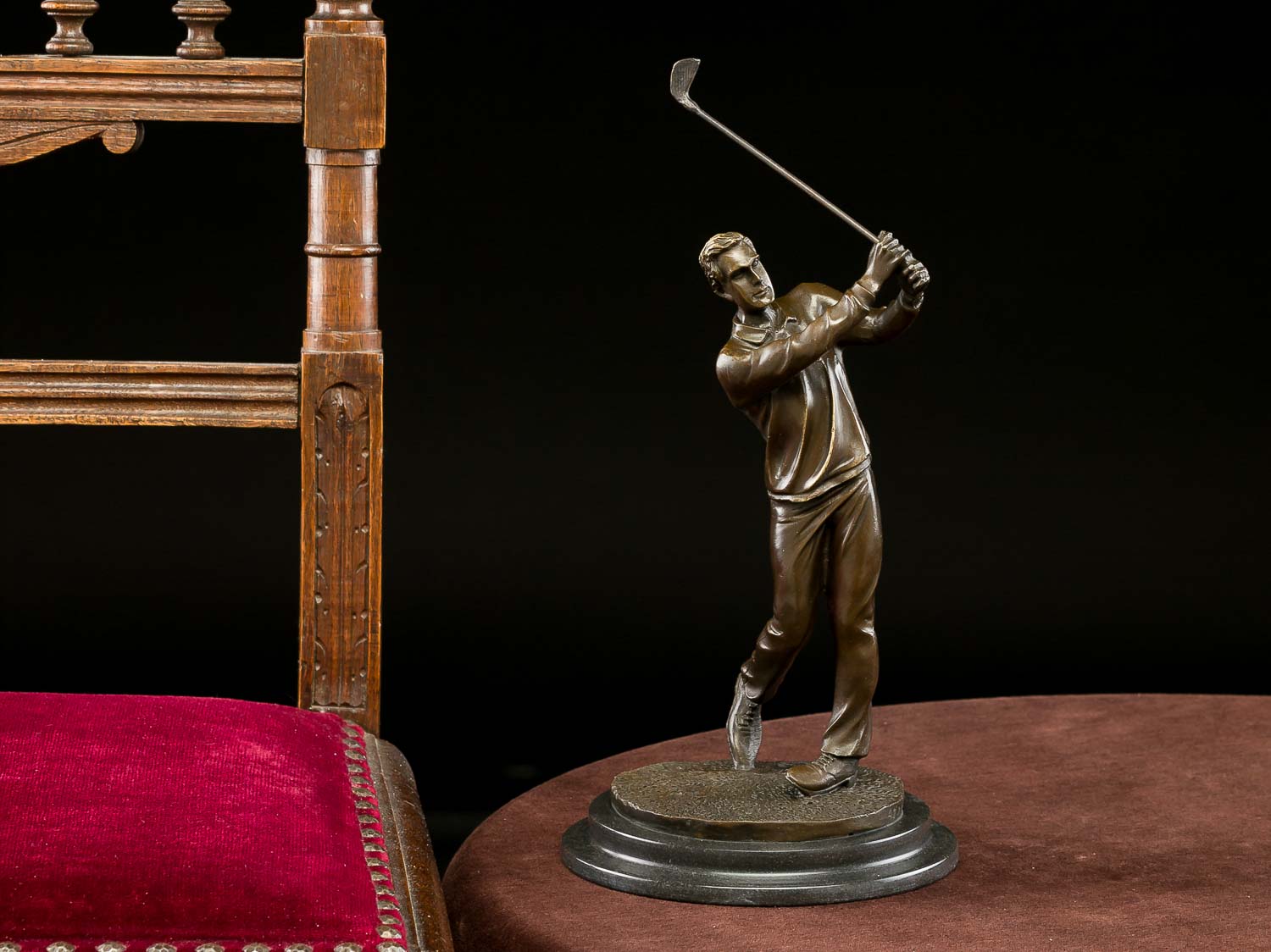 Bronzeskulptur Golf Golfspieler Bronze Golfer beim Abschlag Pokal sculpture