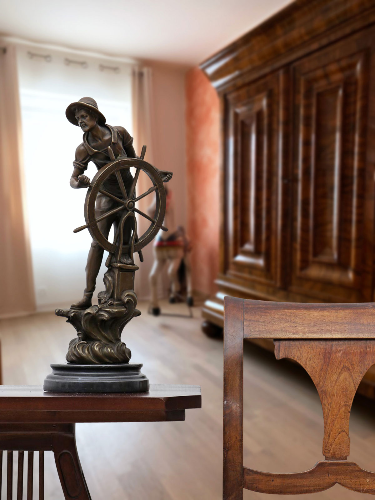 Seefahrer Bronzeskulptur Kapitän Schiff maritim Nautik See Steuermann 43cm