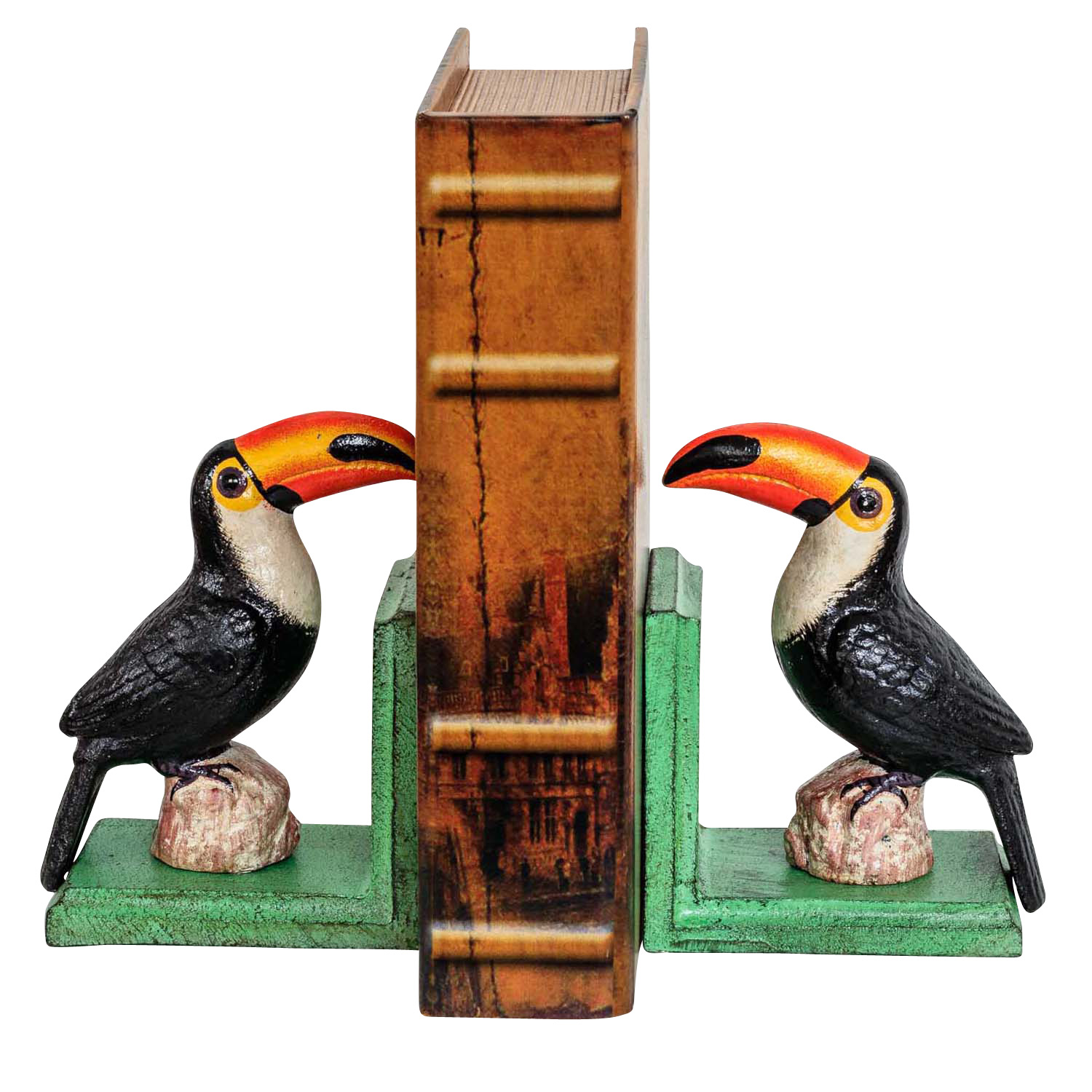 2 Reggilibro uccello tucano ferro figura scultura en stile antico 16cm
