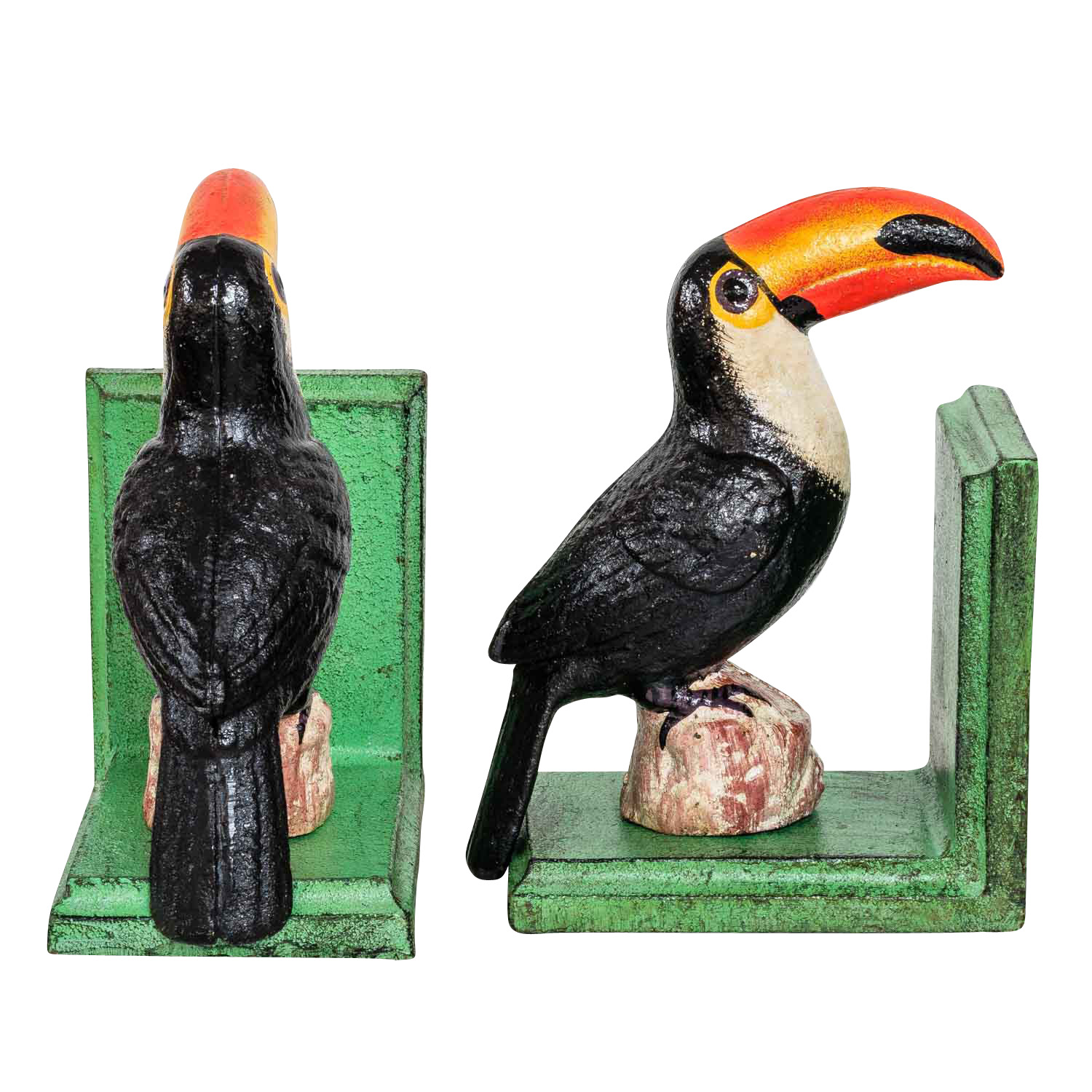 2 Buchstützen Buchständer Tukan Vogel Figur Skulptur Eisen 16cm Antik-Stil