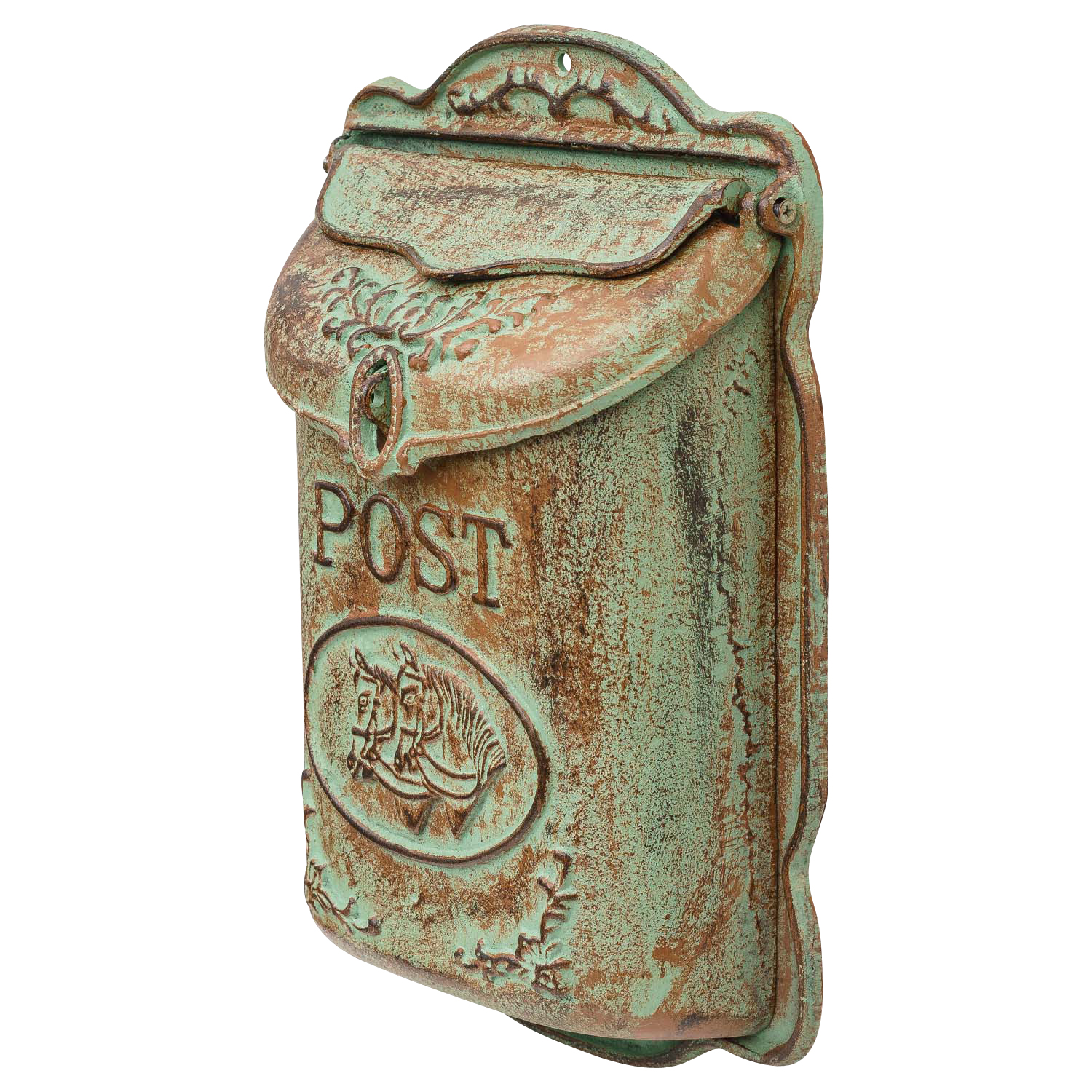 Briefkasten Wandbriefkasten Eisen Antik-Stil Landhausstil Pferd Shabby grün