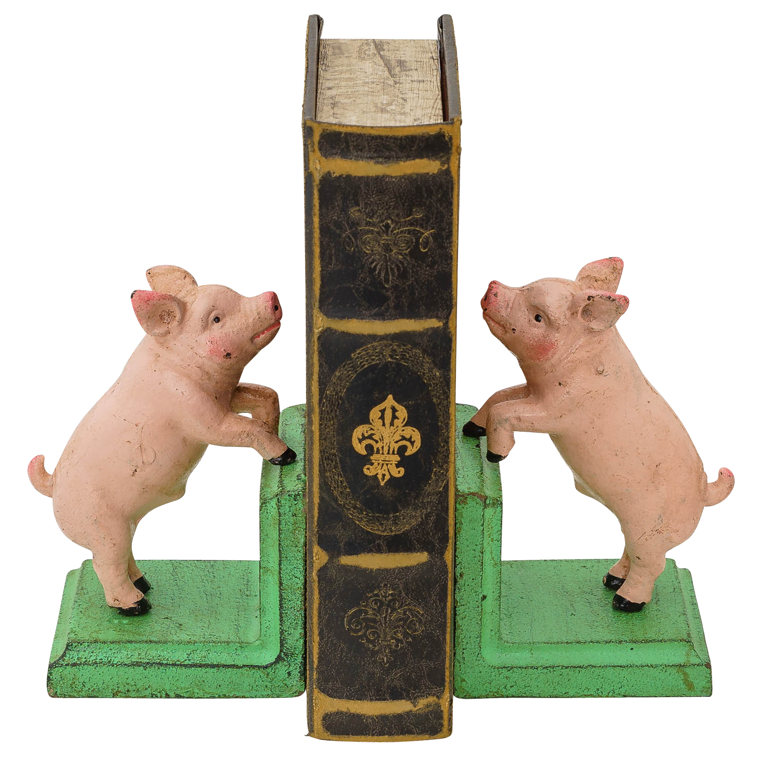2 Buchstützen Buchständer Schwein Statue Figur Skulptur Eisen 14cm Antik-Stil