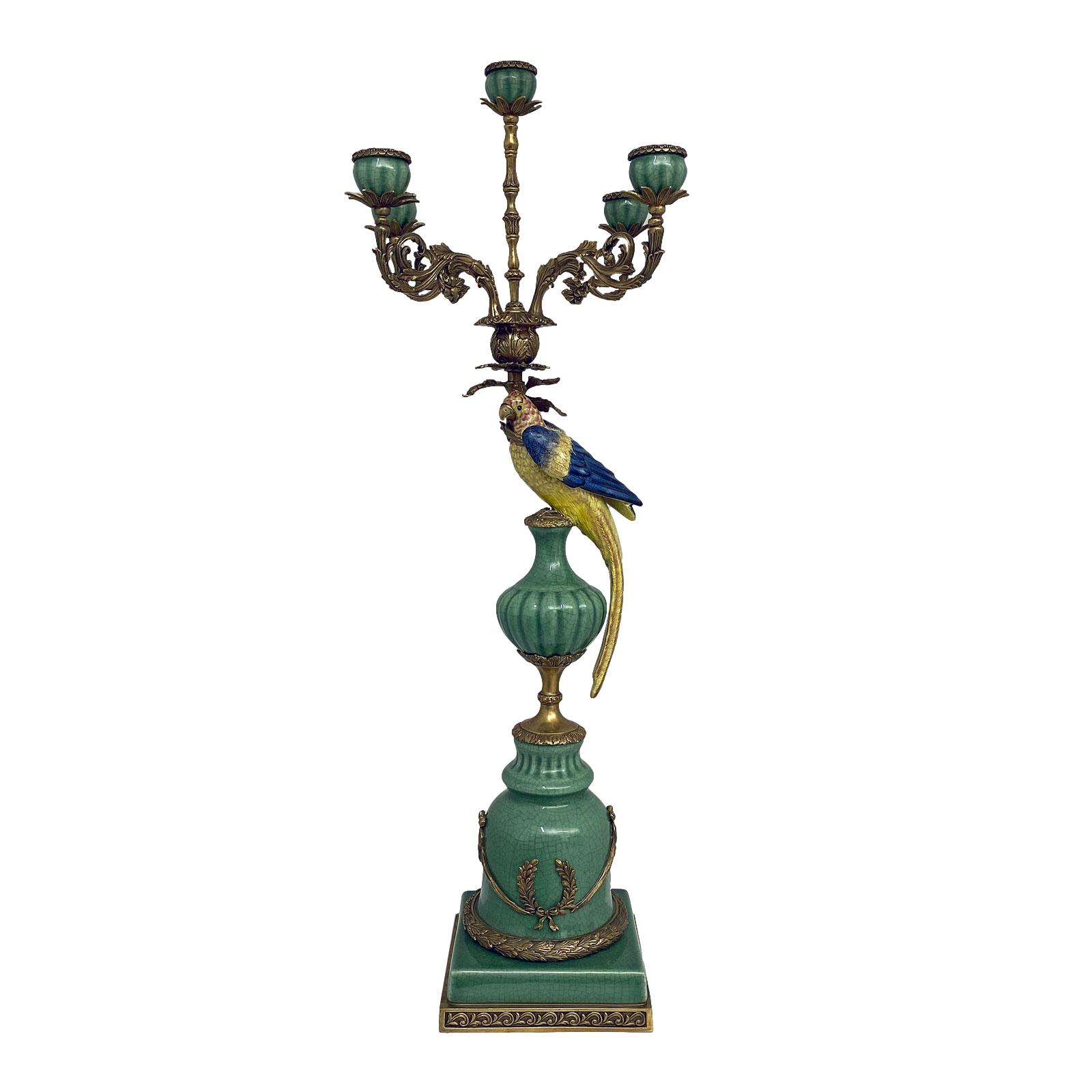 Paar Kerzenständer Porzellan Messing Vogel Papagei Skulptur Antik-Stil 84cm