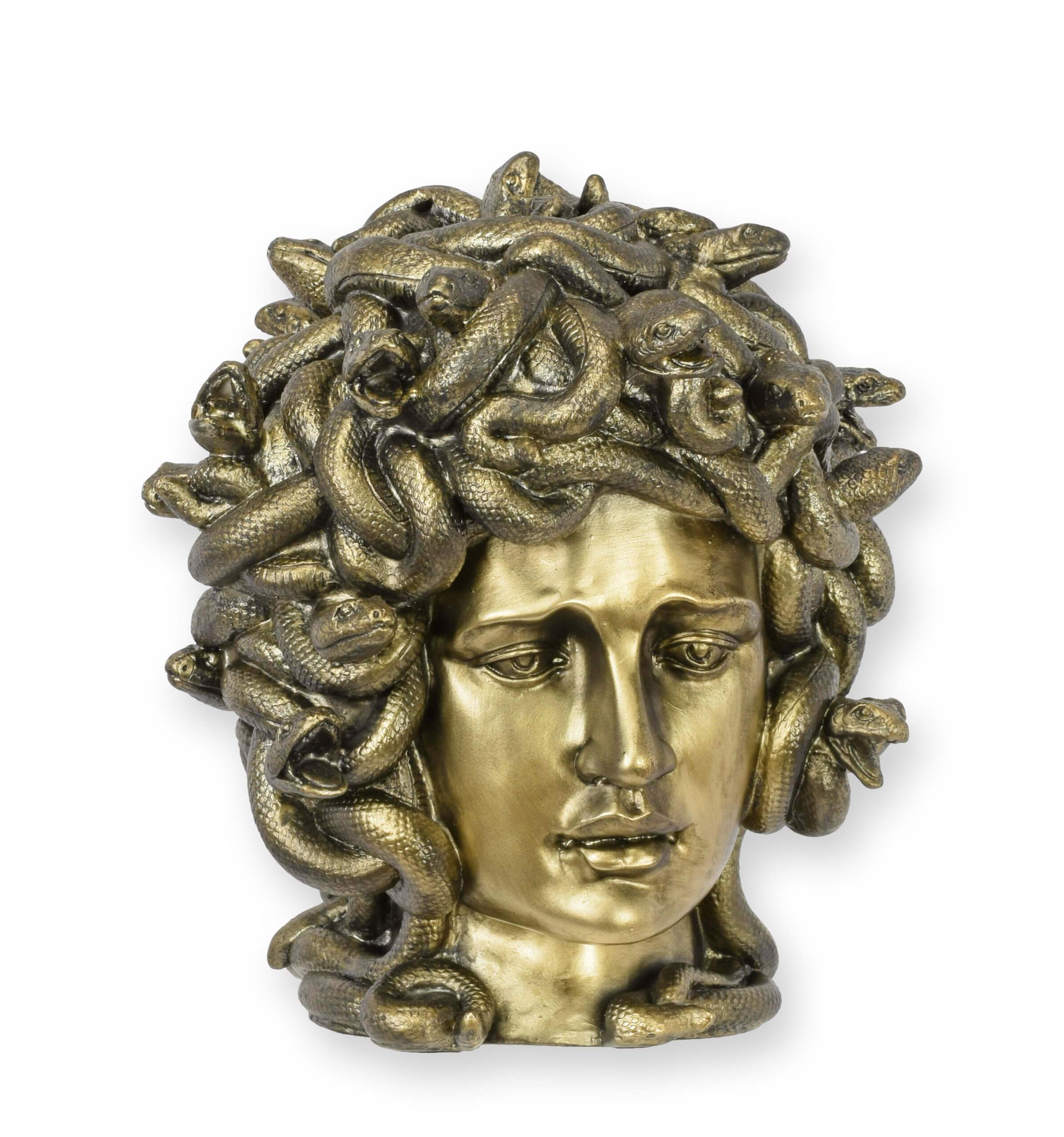 Medusa-Kopf, Goldenes Standbild, Schlangen-Motiv, Bustenskulptur, Kunst-Dekoration