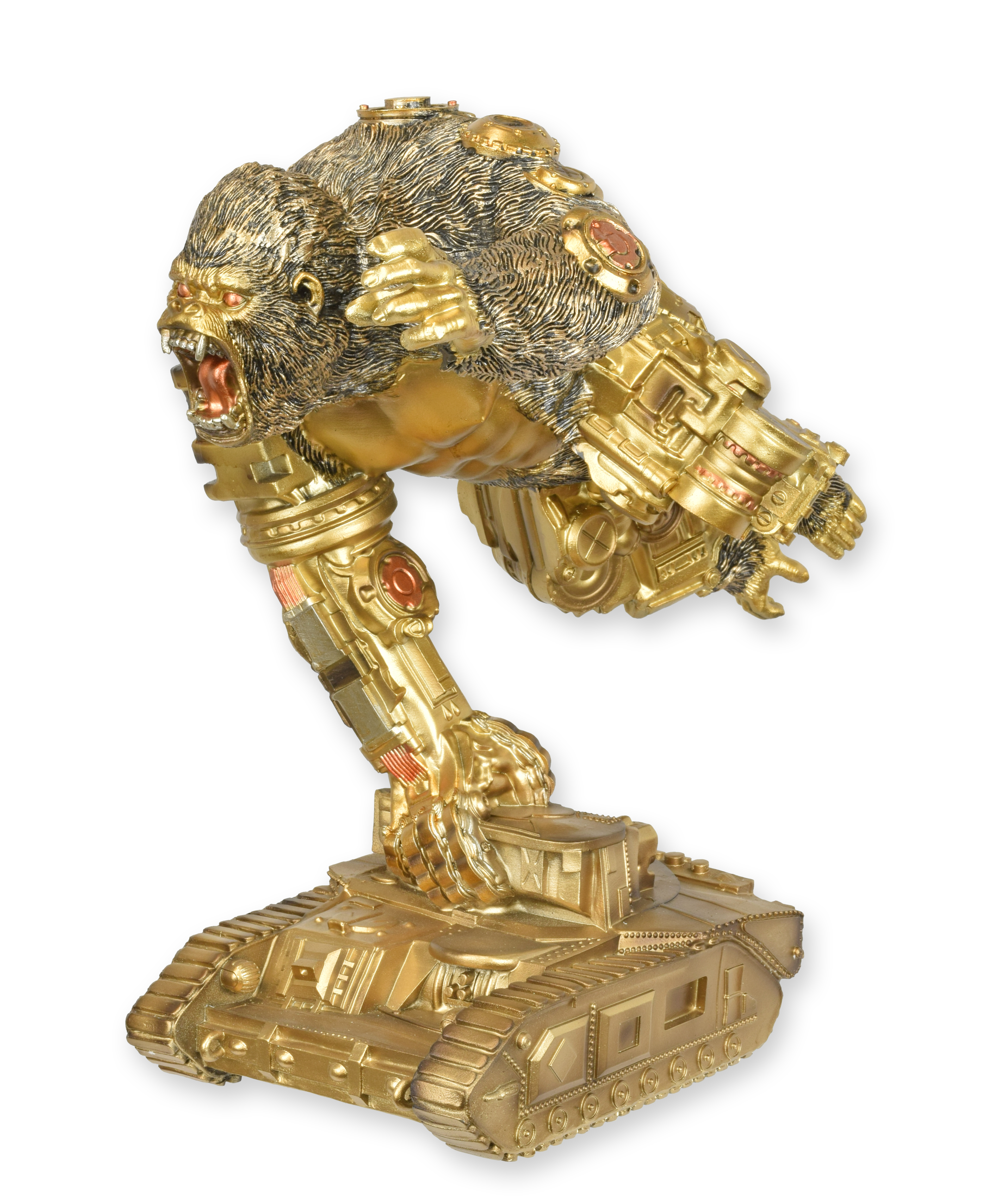 Una statuetta steampunk in resina raffigurante un gorilla su un carro armato replica design retrò decorazione