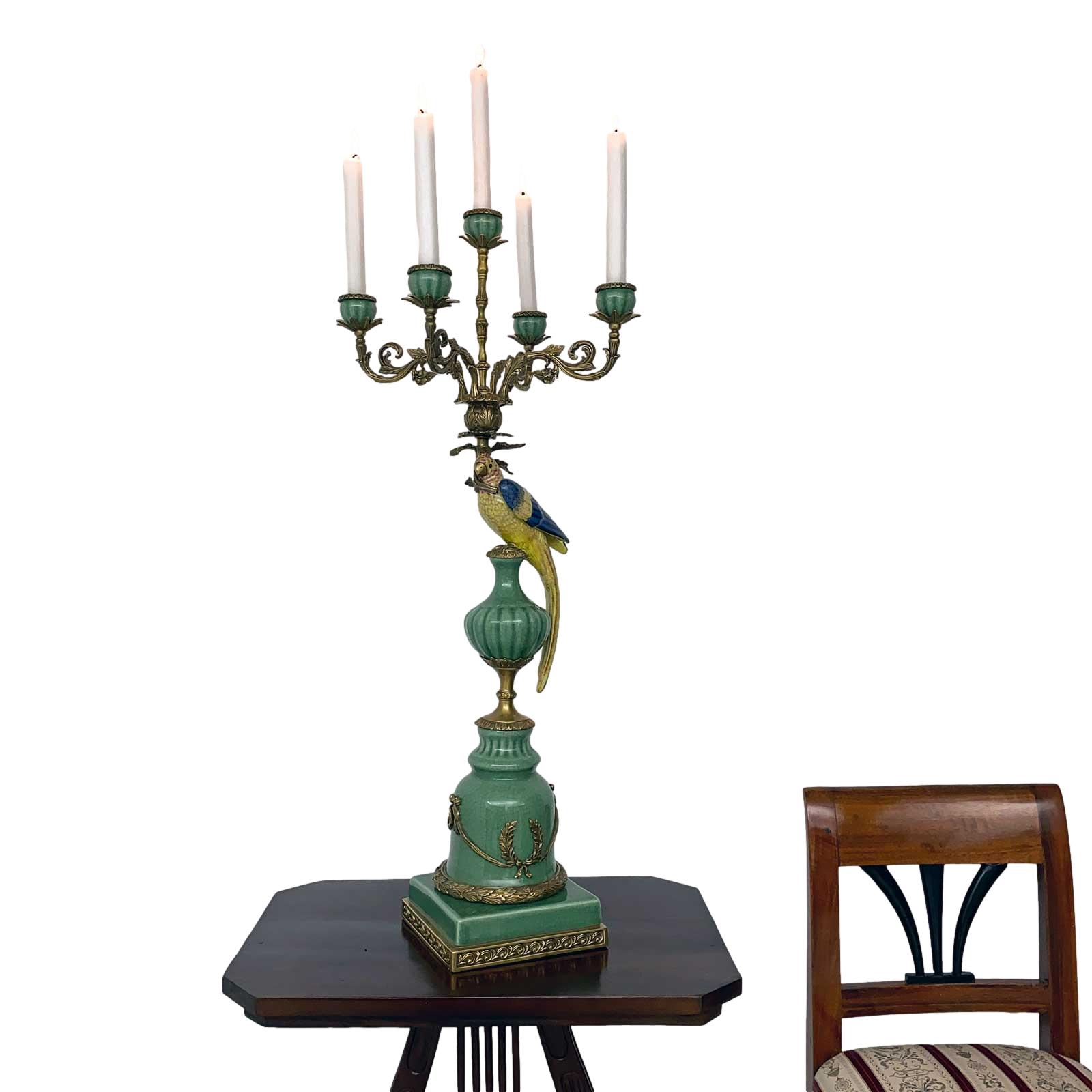 Paar Kerzenständer Porzellan Messing Vogel Papagei Skulptur Antik-Stil 84cm