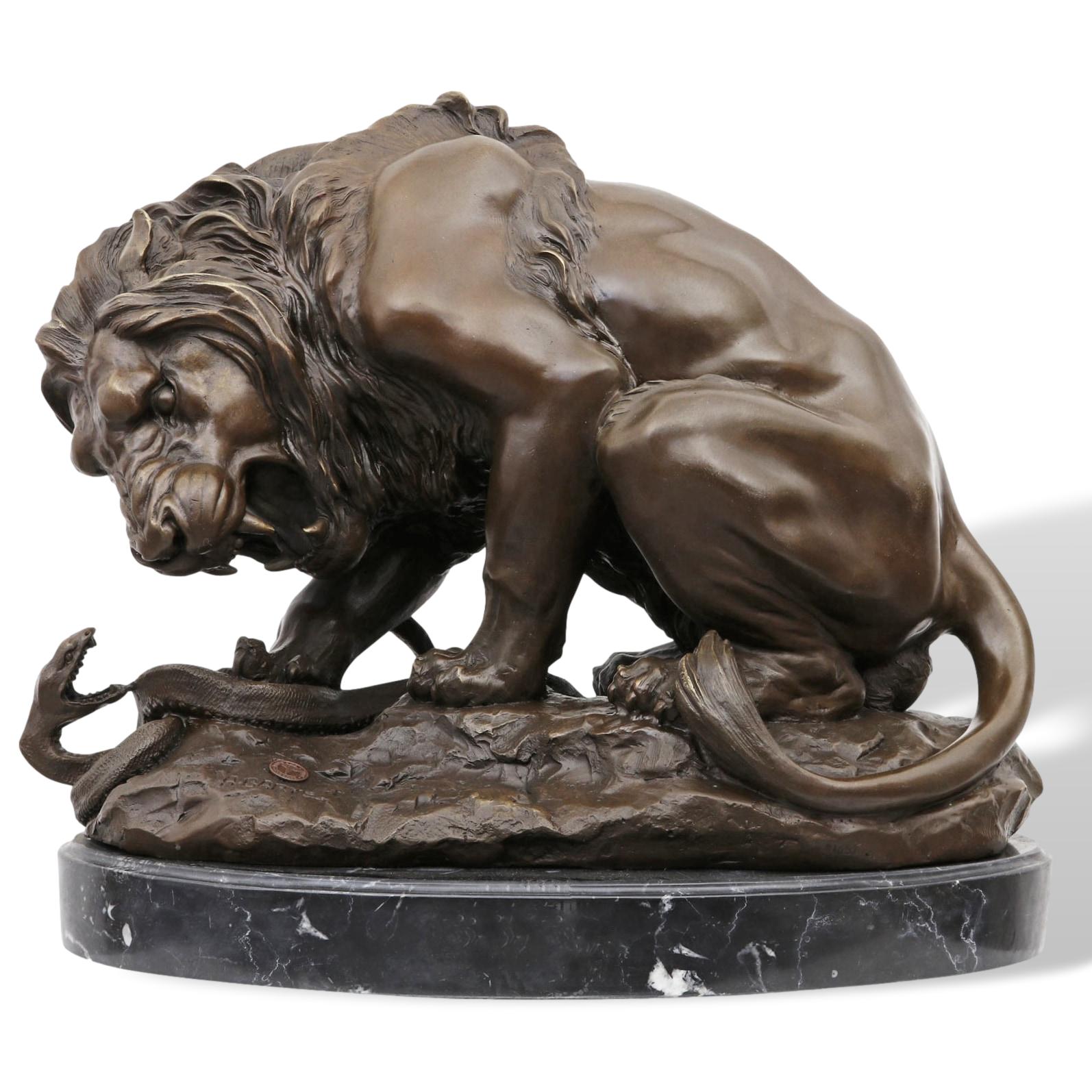 KF-14_11 Bronzeskulptur Löwe Schlange nach Barye Bronzefigur 41cm Antik-Stil Replik Kopie