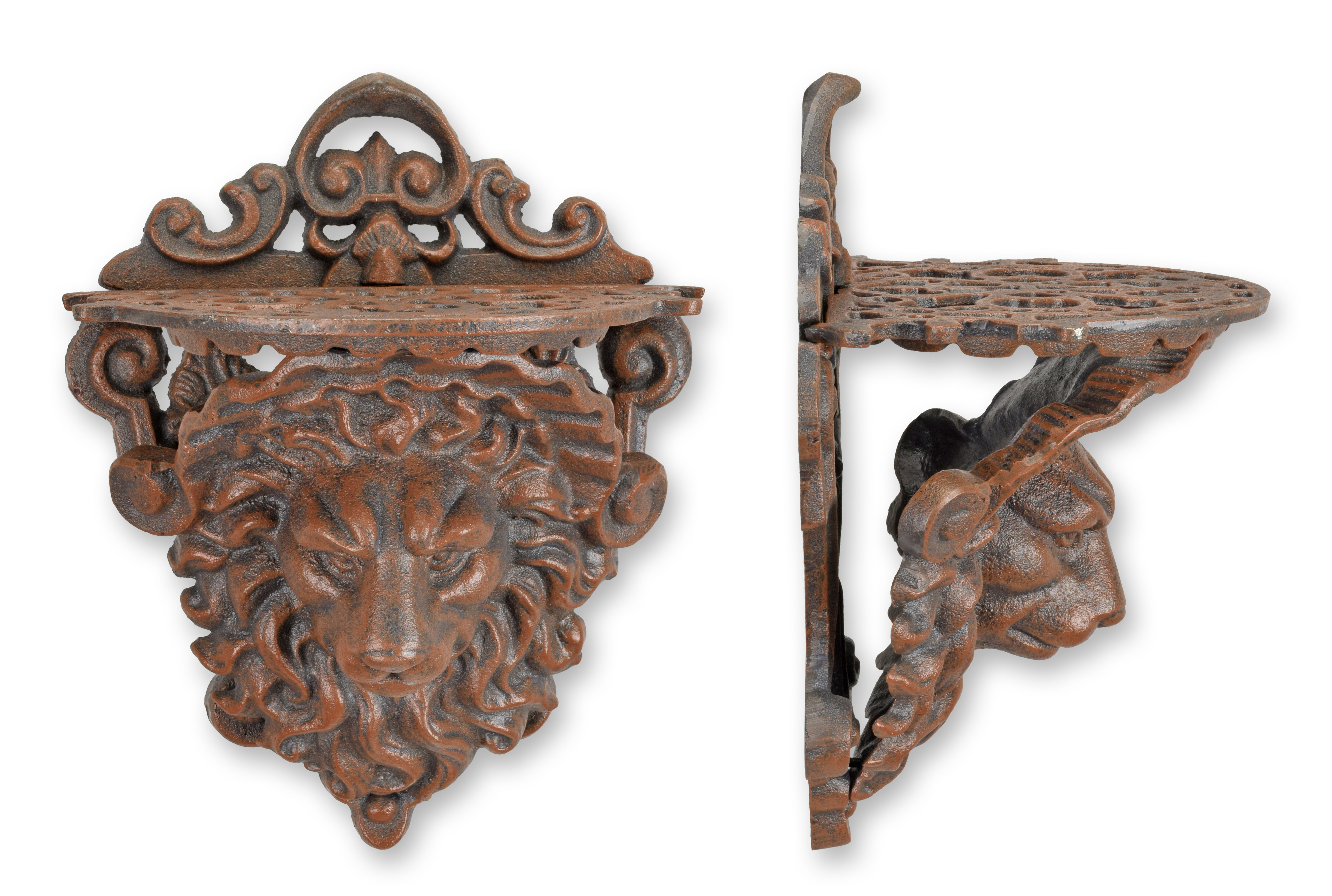 Mensola da parete con testa di leone in ghisa - marrone replica design retrò decorazione Bronze, Holz, Schwert, Kreuz, Gesicht