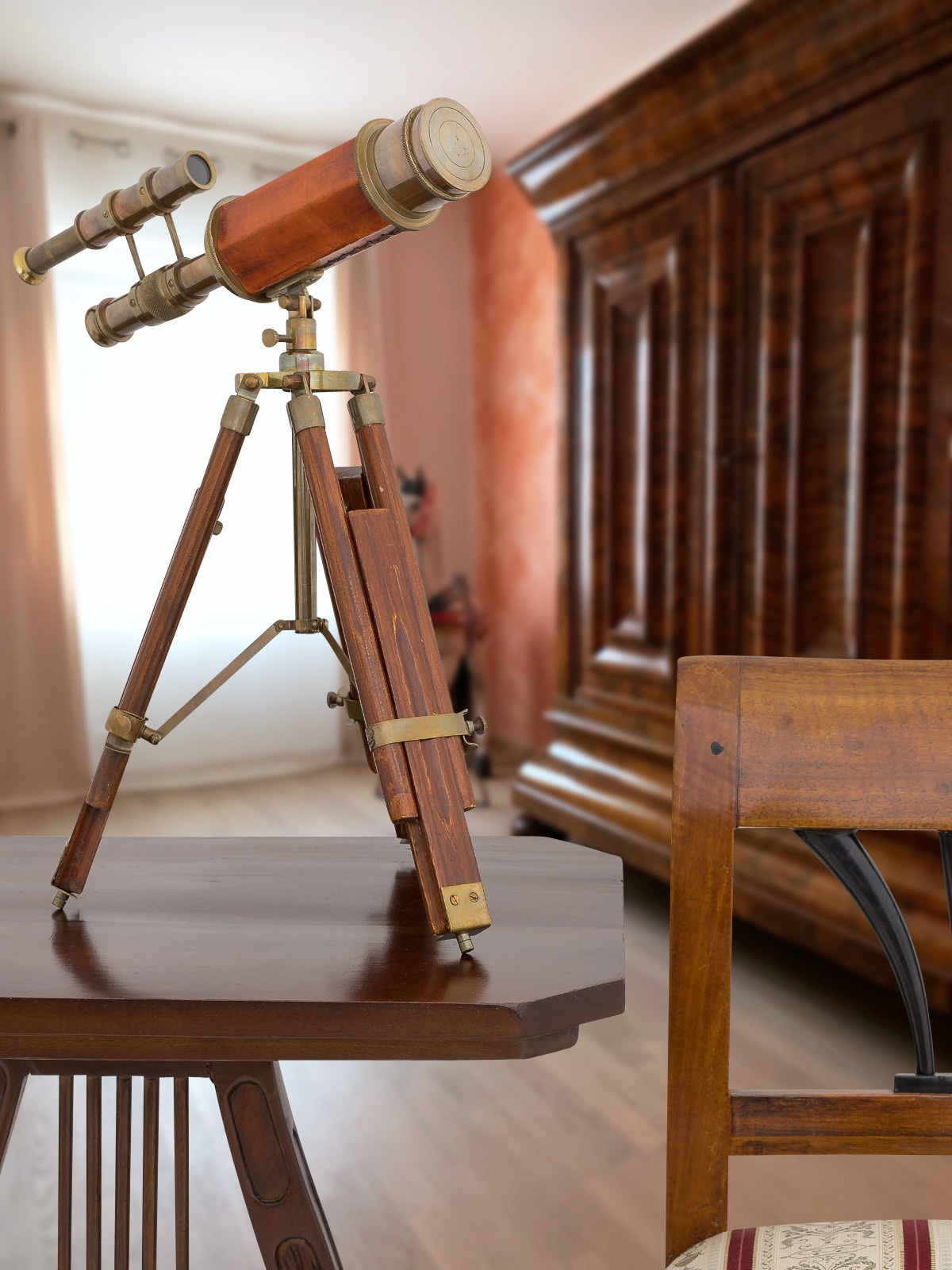 Doppel-Teleskop mit Holz-Stativ Fernrohr Fernglas Messing Antik-Stil