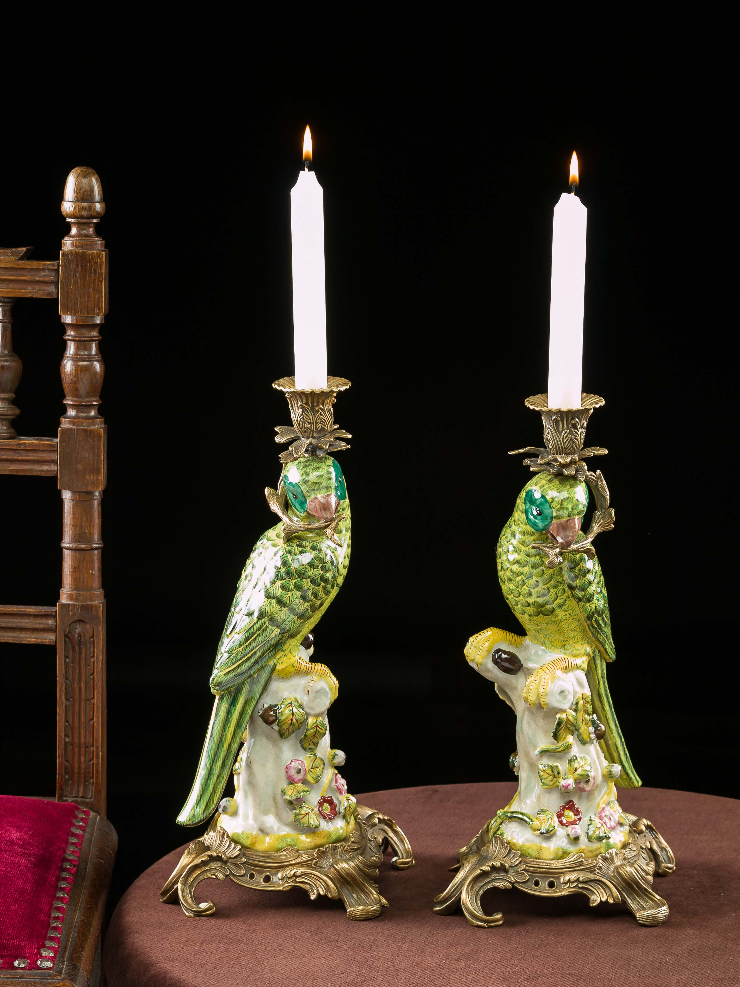 Paar Papagei Kerzenständer Porzellan antik Stil Kerzenleuchter 37cm candlestick