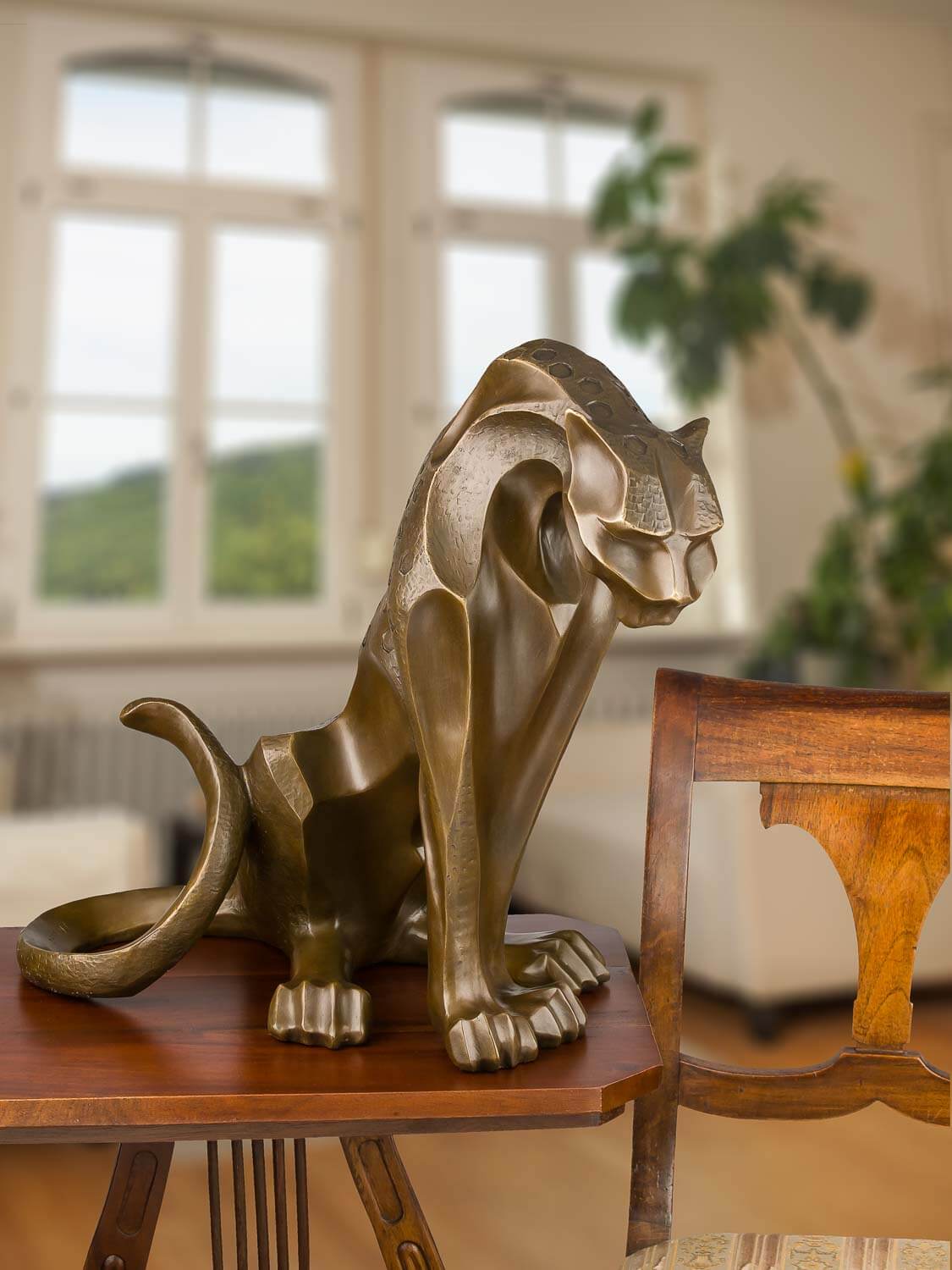 Bronzeskulptur Jaguar Panther Bronze Figur Bronzefigur Skulptur Antik-Stil 54cm