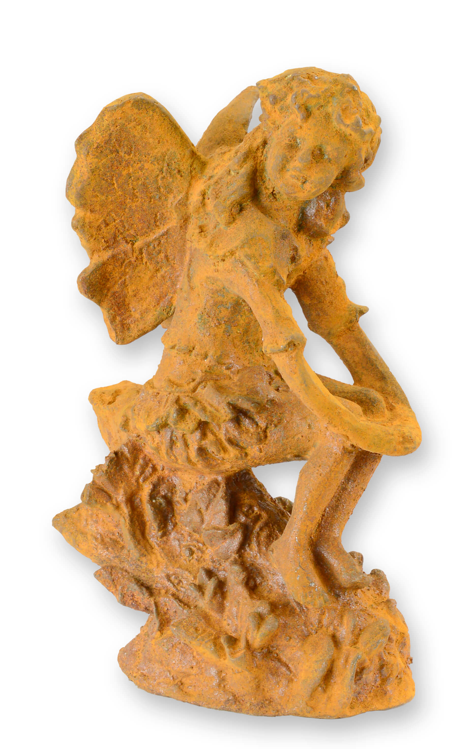 Una statuetta in ghisa arrugginita raffigurante una fata seduta replica design retrò decorazione
