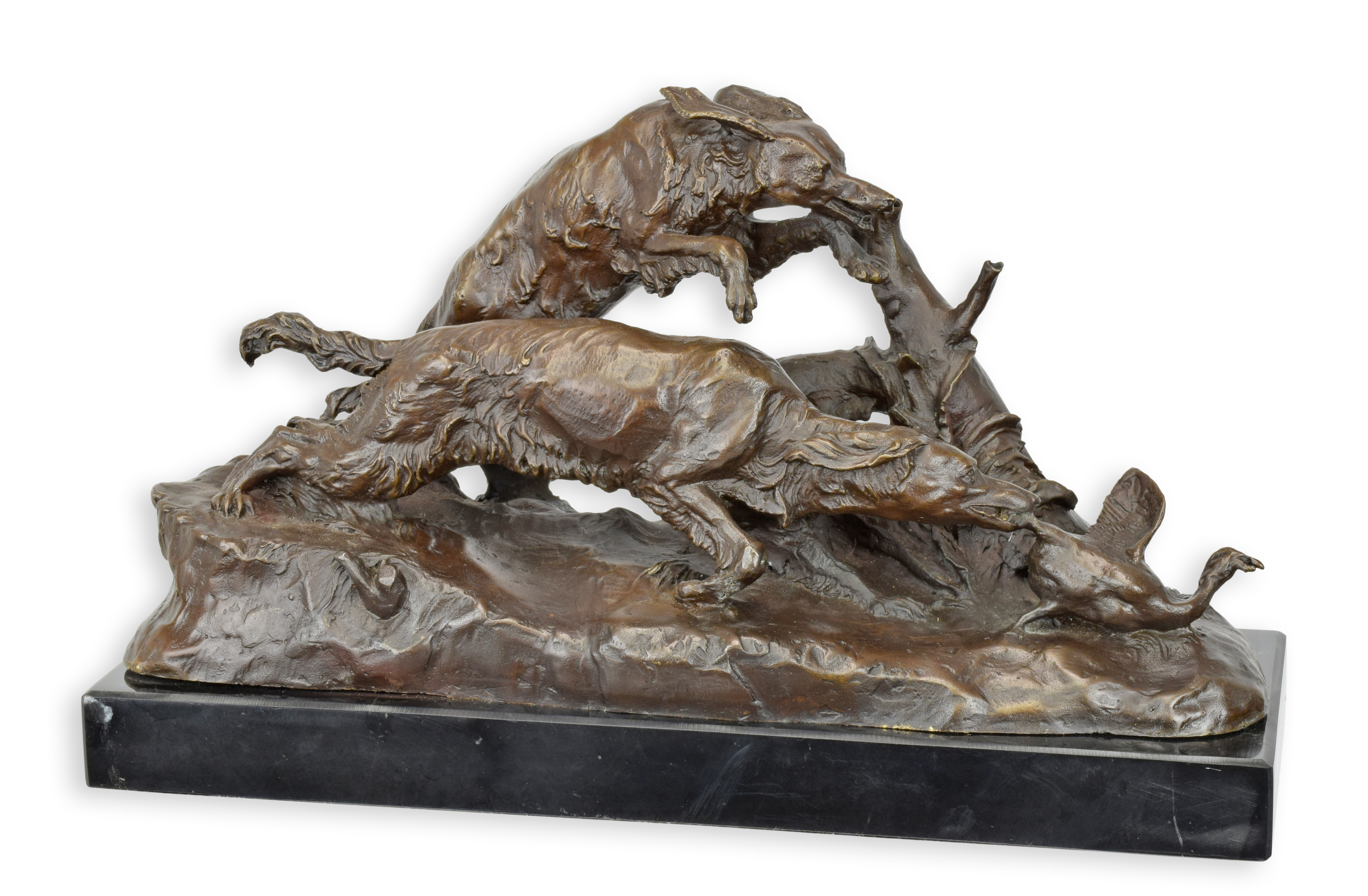 Una scultura in bronzo raffigurante un inseguimento di anatre replica design retrò decorazione