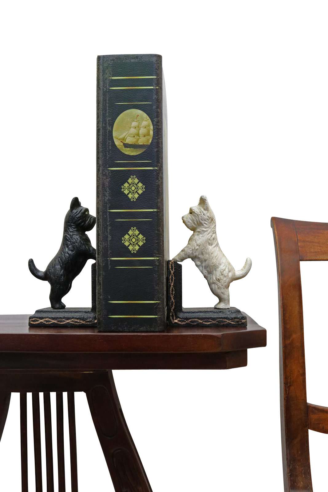 2 Buchstützen Buchständer Spitz Schnauzer Terrier Hund Figur Eisen Antik-Stil