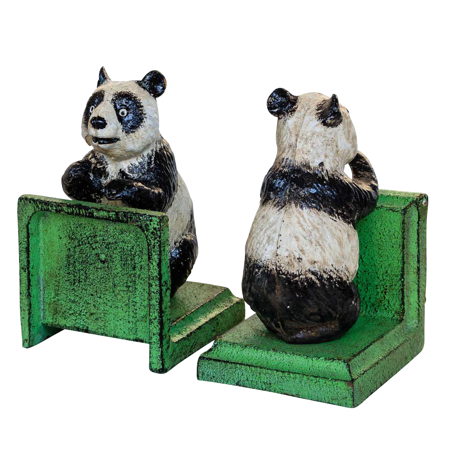 2 Buchstützen Buchständer Panda Pandabär Figur Skulptur Eisen Antik-Stil 14cm