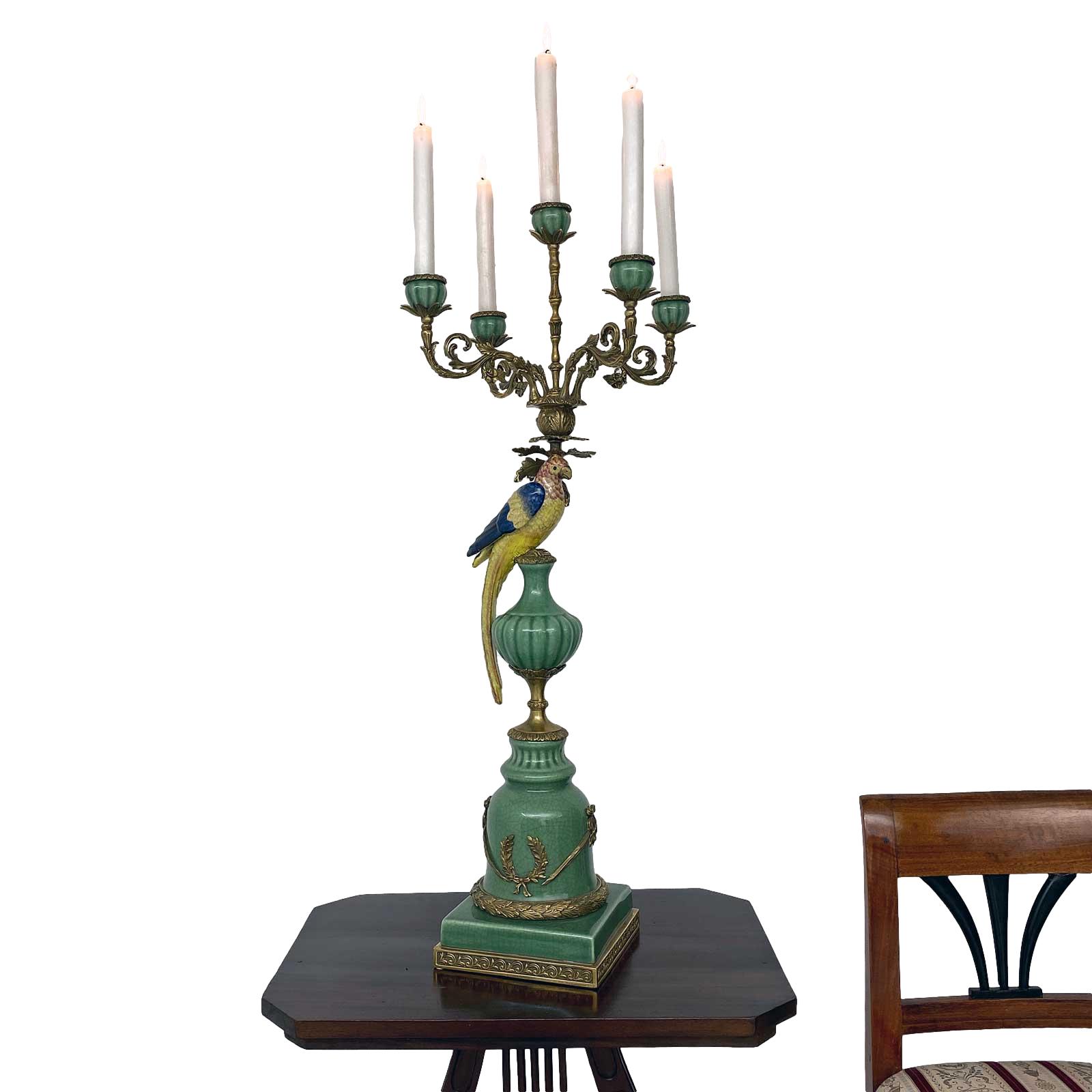 Paar Kerzenständer Porzellan Messing Vogel Papagei Skulptur Antik-Stil 84cm