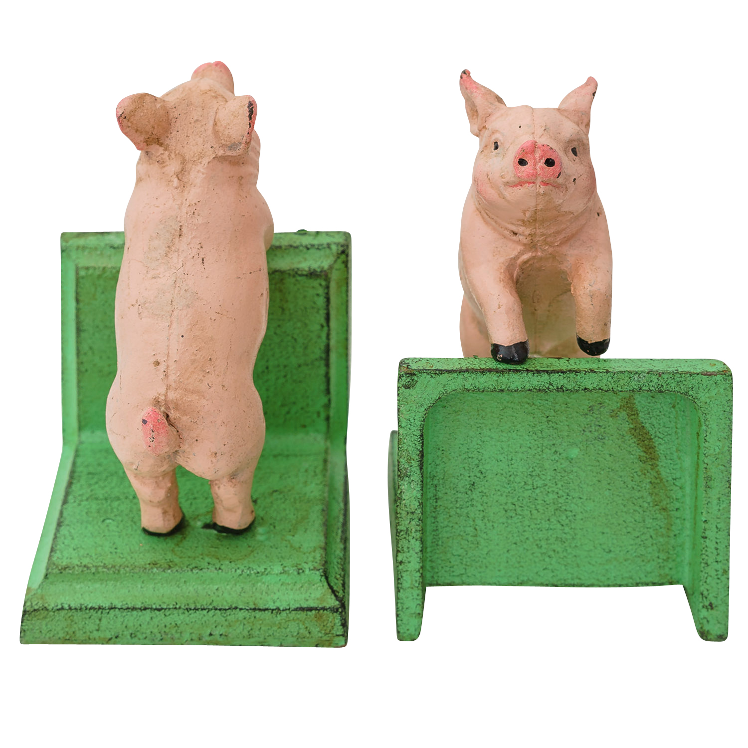2 Buchstützen Buchständer Schwein Statue Figur Skulptur Eisen 14cm Antik-Stil