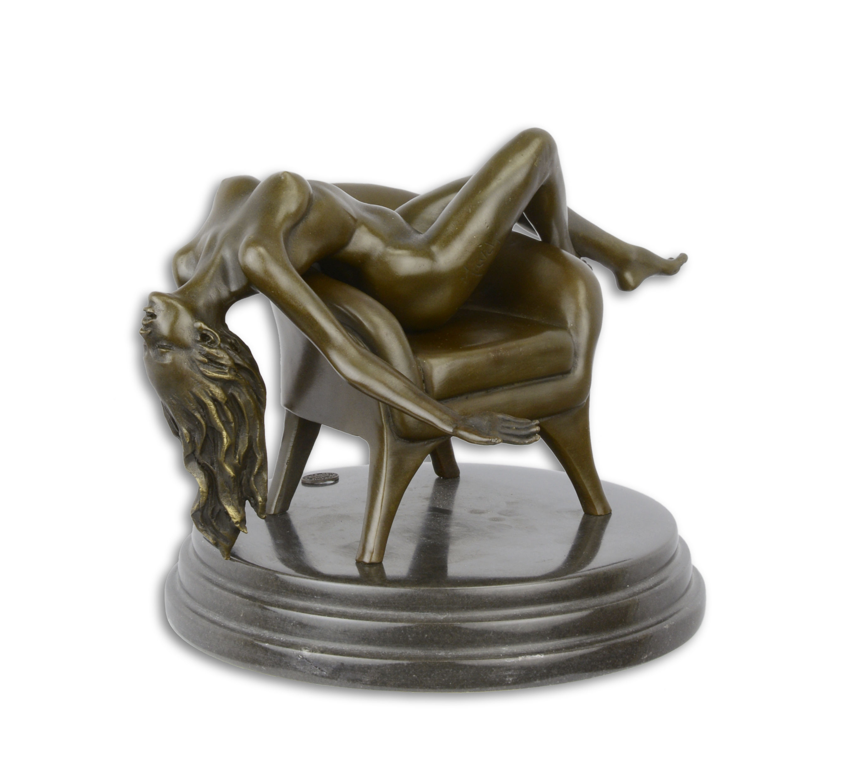 EC-012 Scultura in bronzo donna su poltrona erotico nudo artistico figura stile antico
