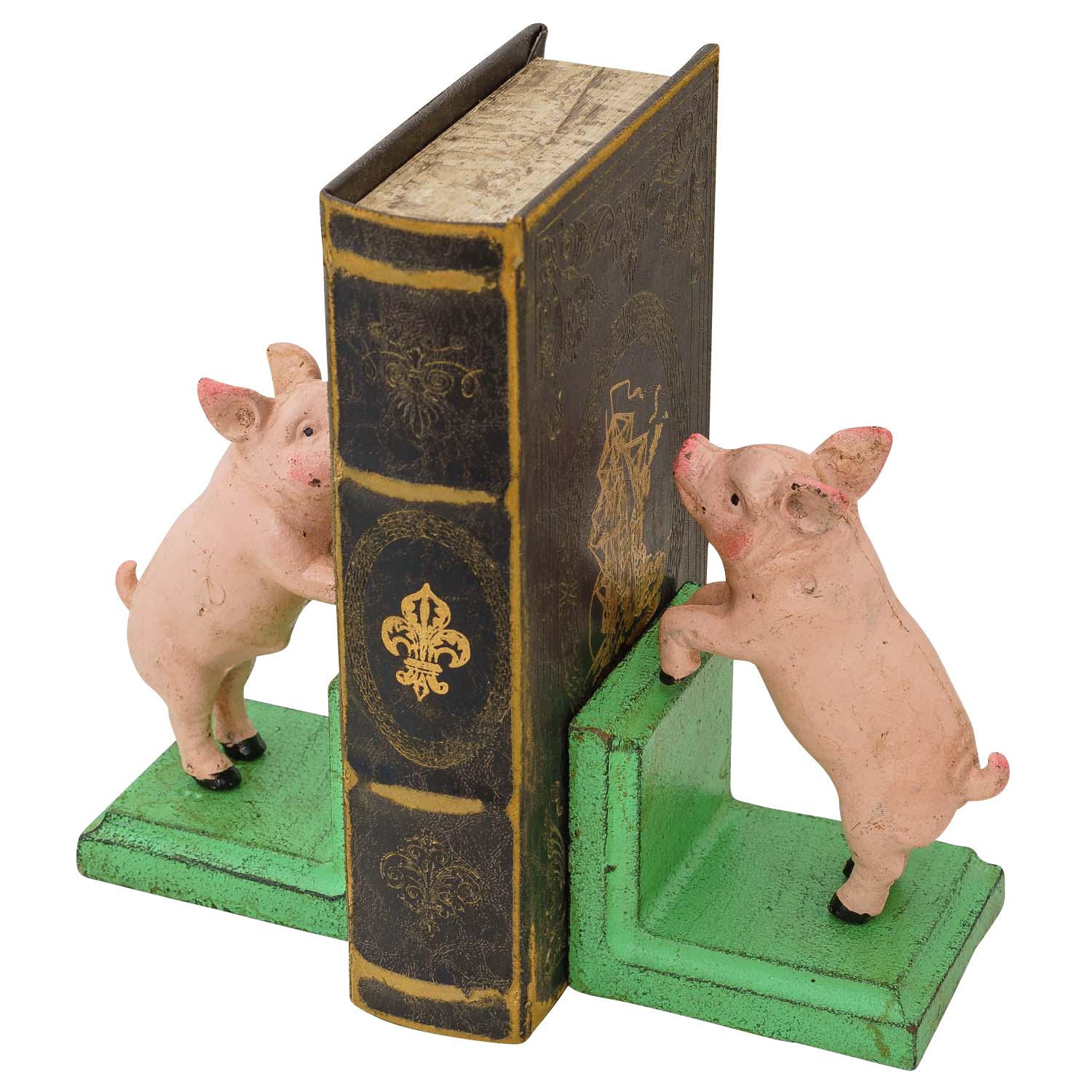 2 Buchstützen Buchständer Schwein Statue Figur Skulptur Eisen 14cm Antik-Stil