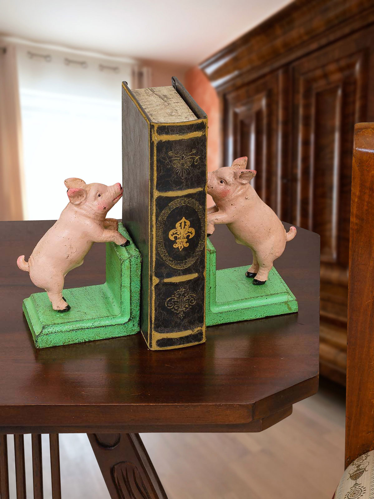 2 Buchstützen Buchständer Schwein Statue Figur Skulptur Eisen 14cm Antik-Stil