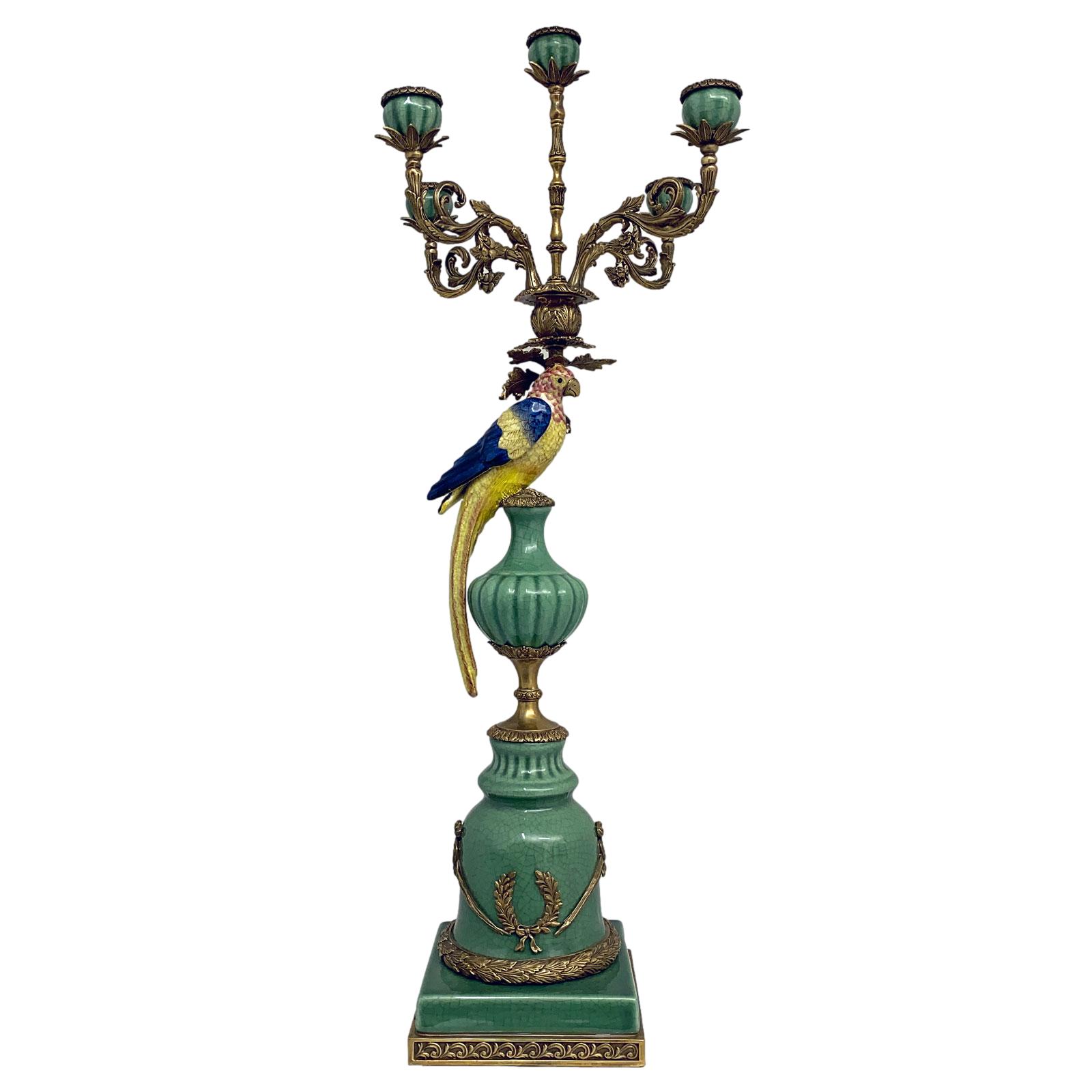 Paar Kerzenständer Porzellan Messing Vogel Papagei Skulptur Antik-Stil 84cm