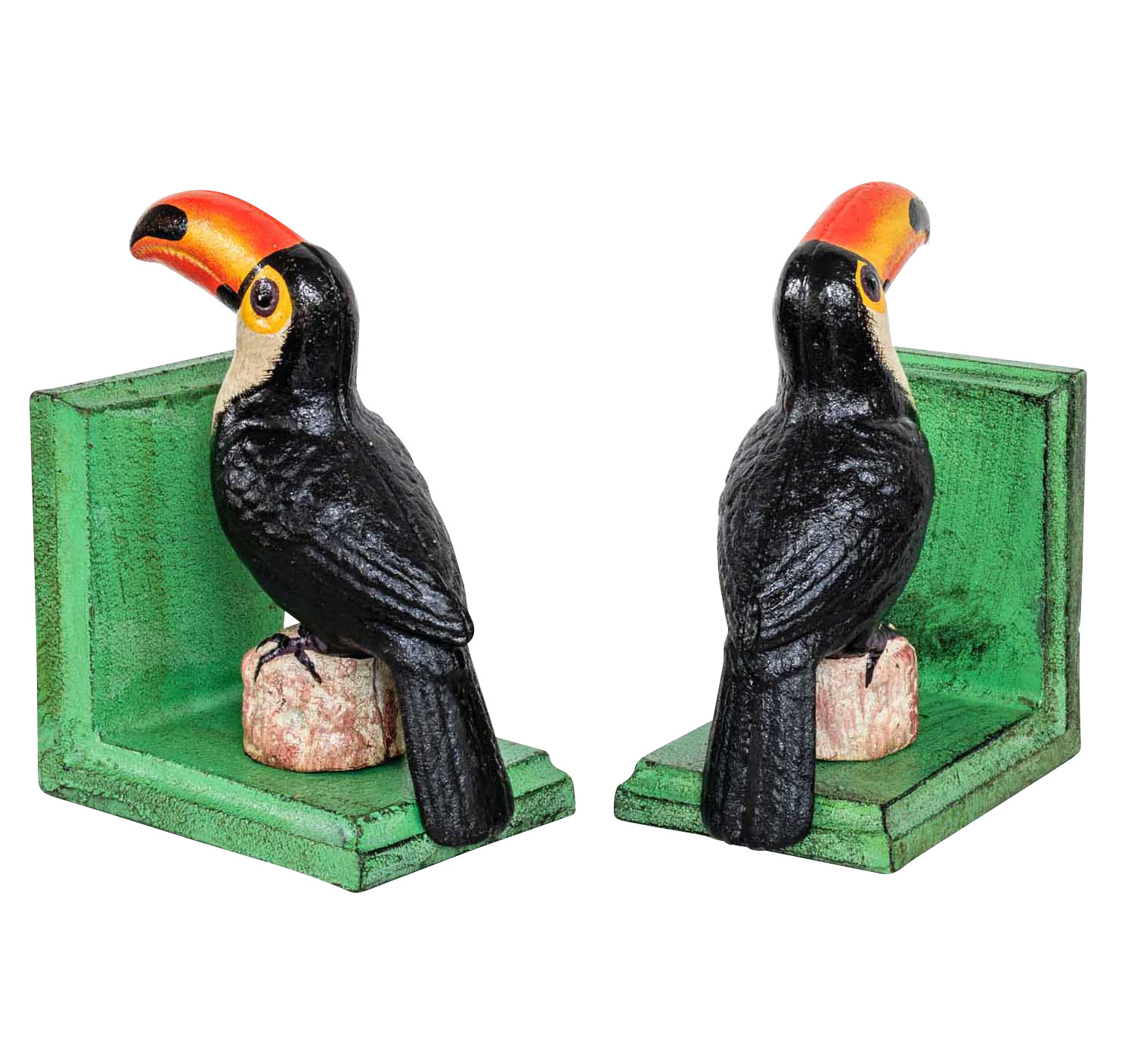 2 Buchstützen Buchständer Tukan Vogel Figur Skulptur Eisen 16cm Antik-Stil