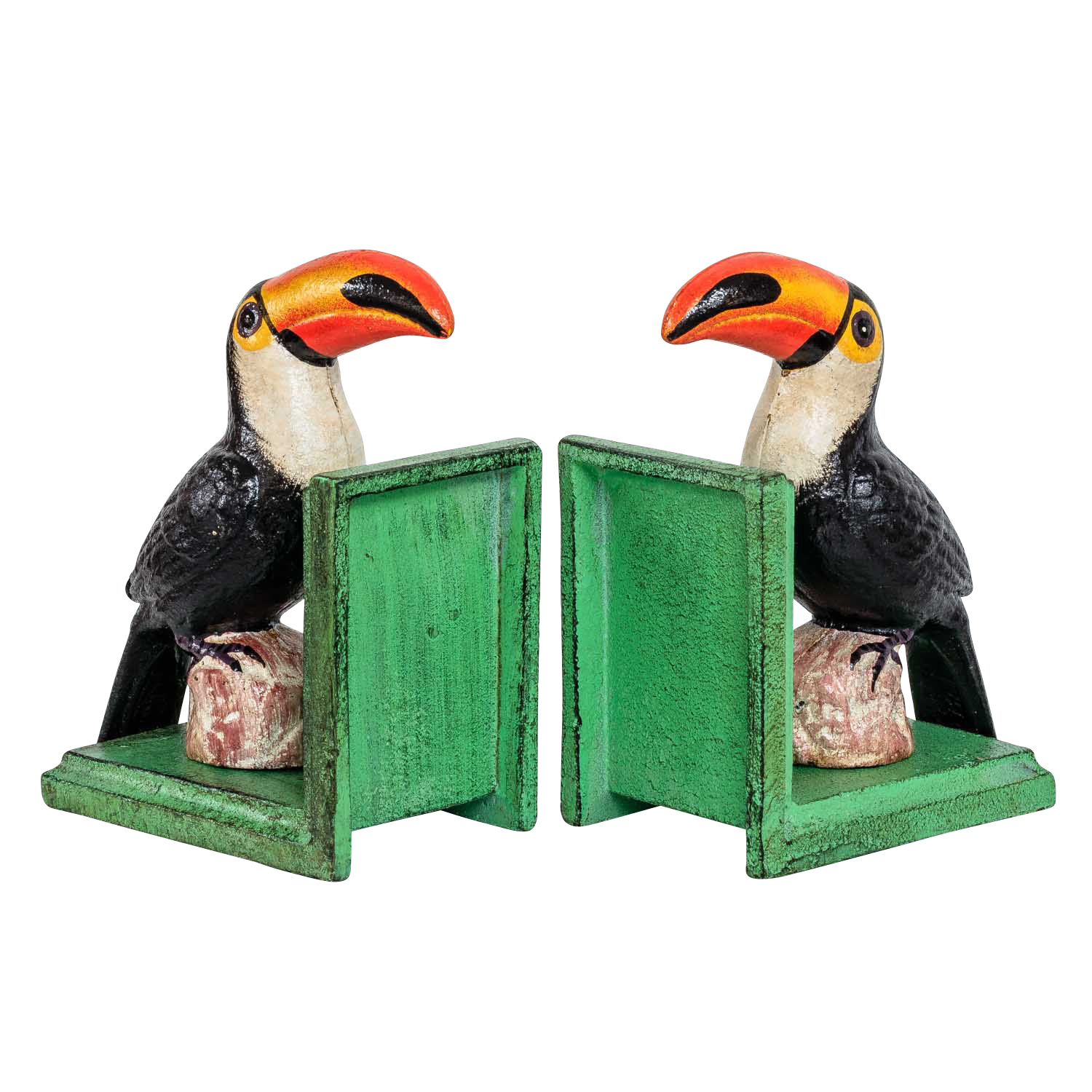2 Buchstützen Buchständer Tukan Vogel Figur Skulptur Eisen 16cm Antik-Stil