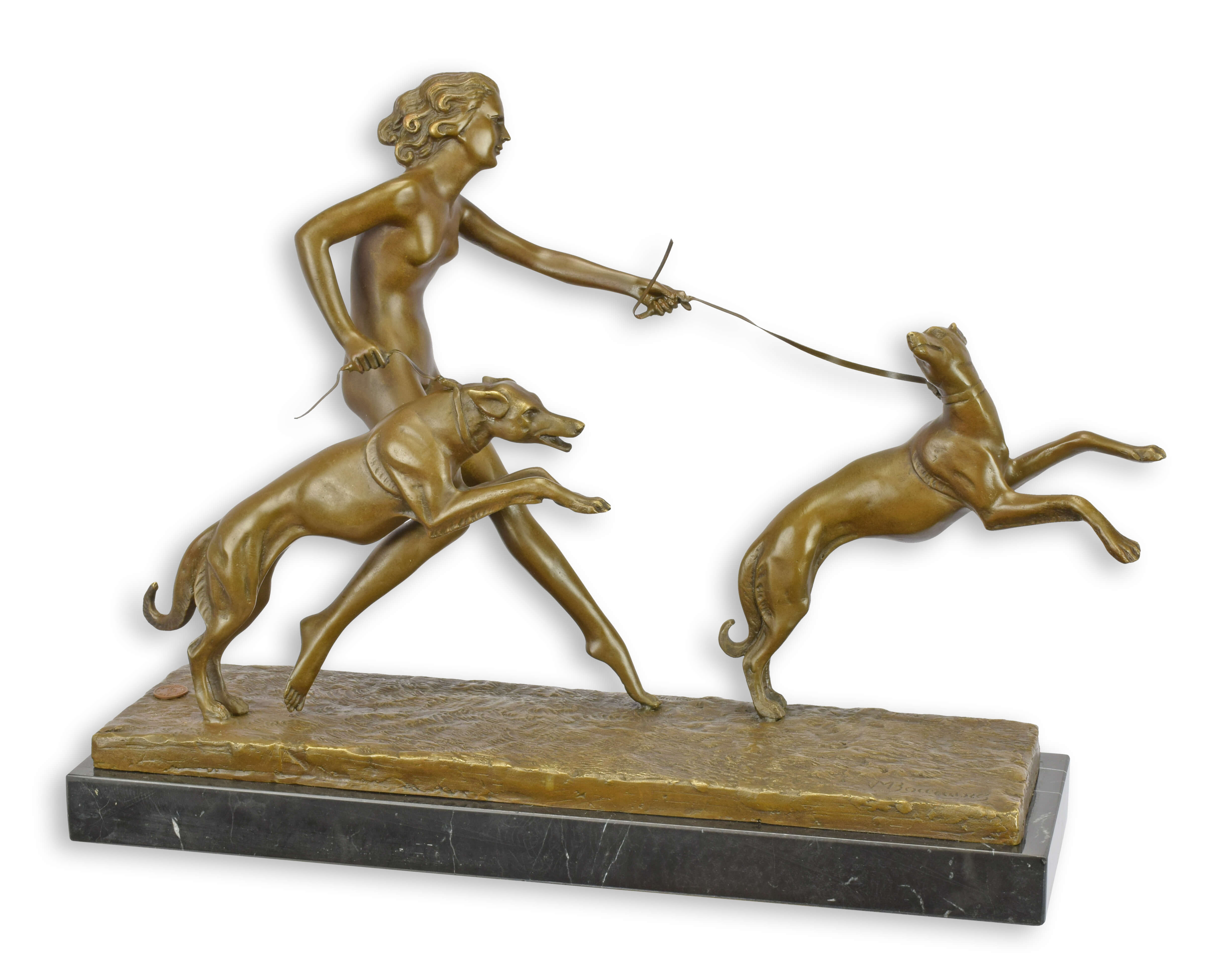 Scultura in bronzo donna con dei cani dopo Bouraine replica design retrò decorazione