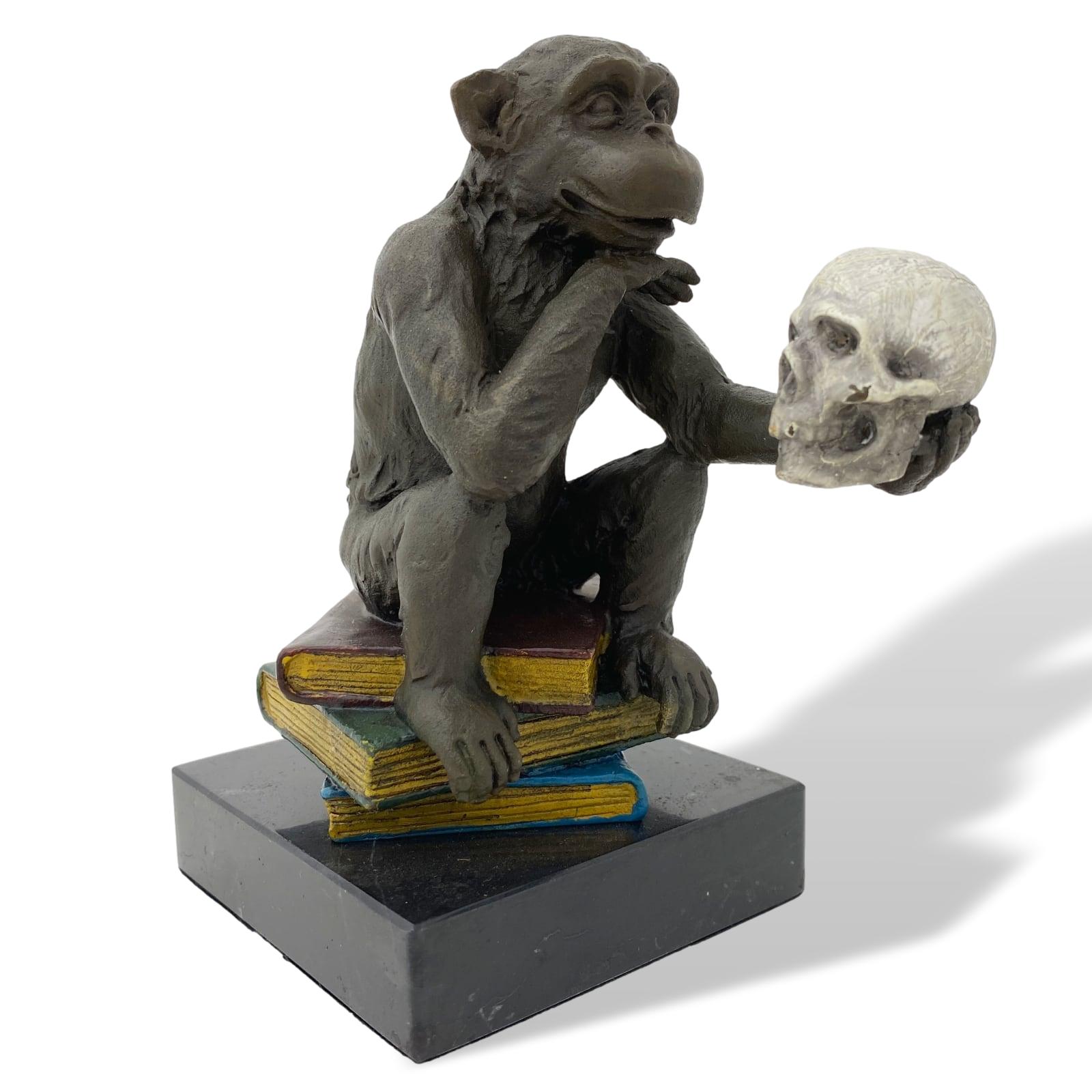 Figura in bronzo scimmia Darwin libri di filosofia scultura stile antico 14cm