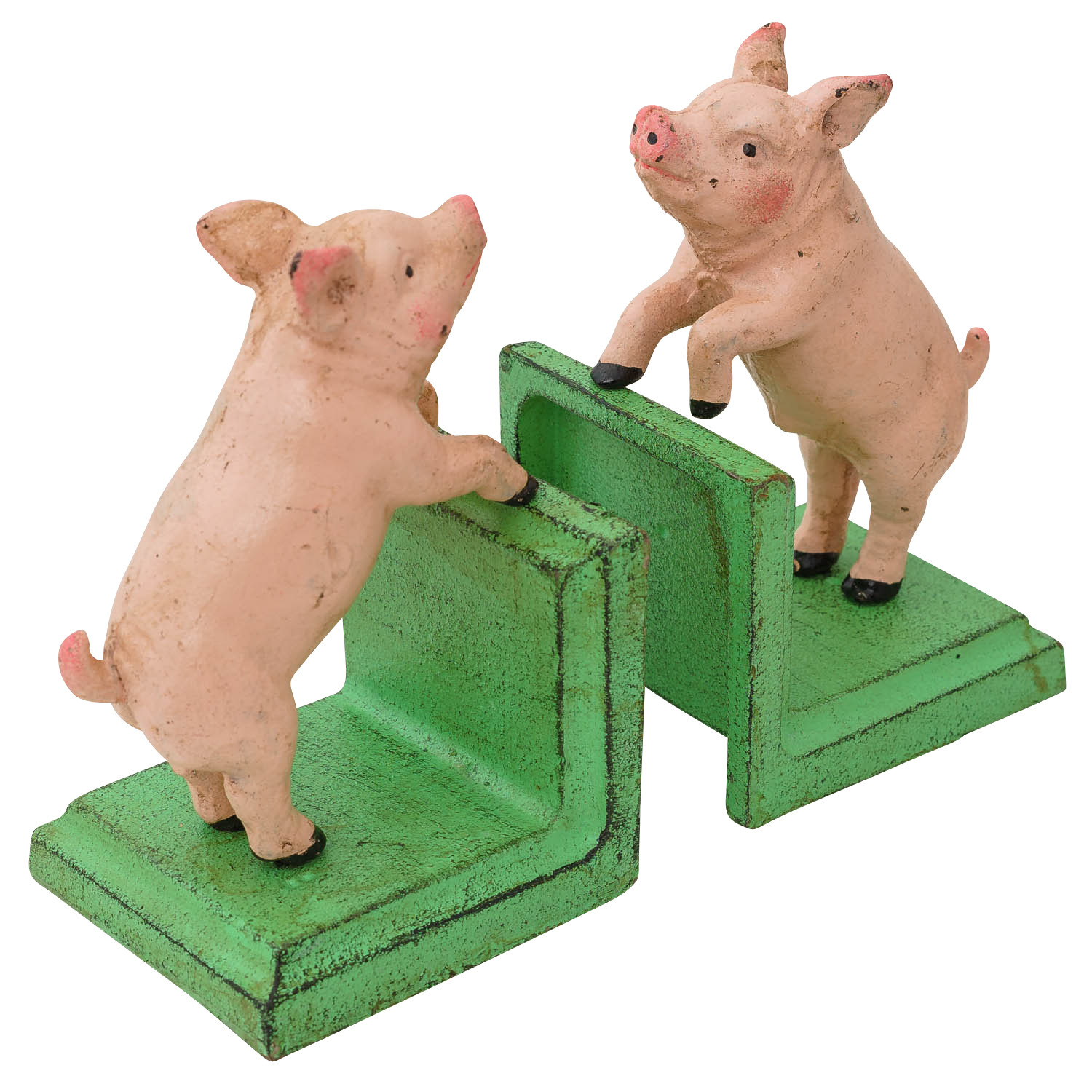 2 Buchstützen Buchständer Schwein Statue Figur Skulptur Eisen 14cm Antik-Stil