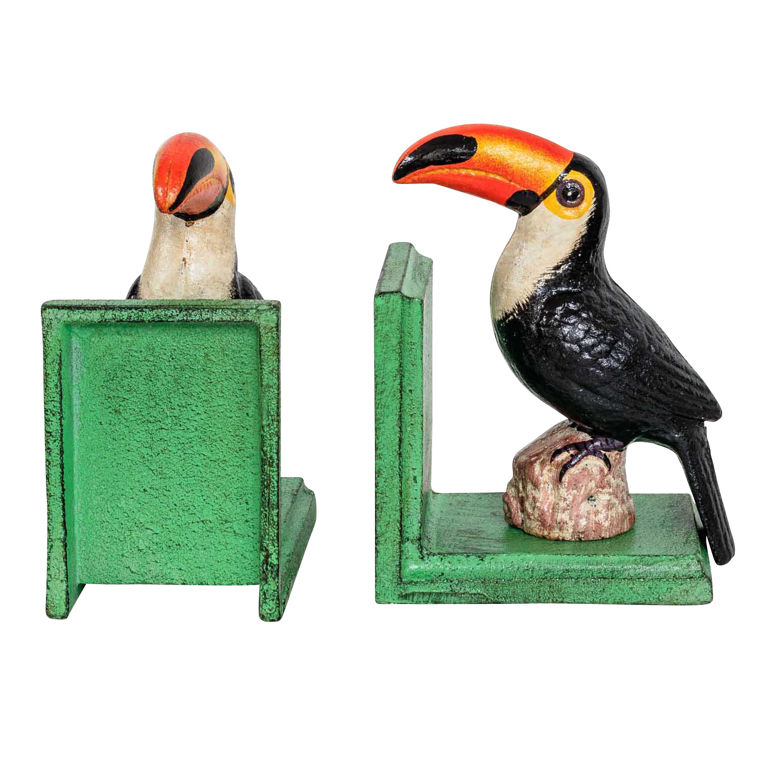 2 Buchstützen Buchständer Tukan Vogel Figur Skulptur Eisen 16cm Antik-Stil